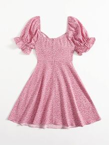 Soleia Allover Plants Print Drawstring Front Ruffle Cuff Dress,Pastel Dresses For Women - Dusty Pink - View 2