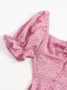 Soleia Allover Plants Print Drawstring Front Ruffle Cuff Dress,Pastel Dresses For Women - Dusty Pink - View 3