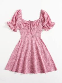 Soleia Allover Plants Print Drawstring Front Ruffle Cuff Dress,Pastel Dresses For Women - Dusty Pink - View 4