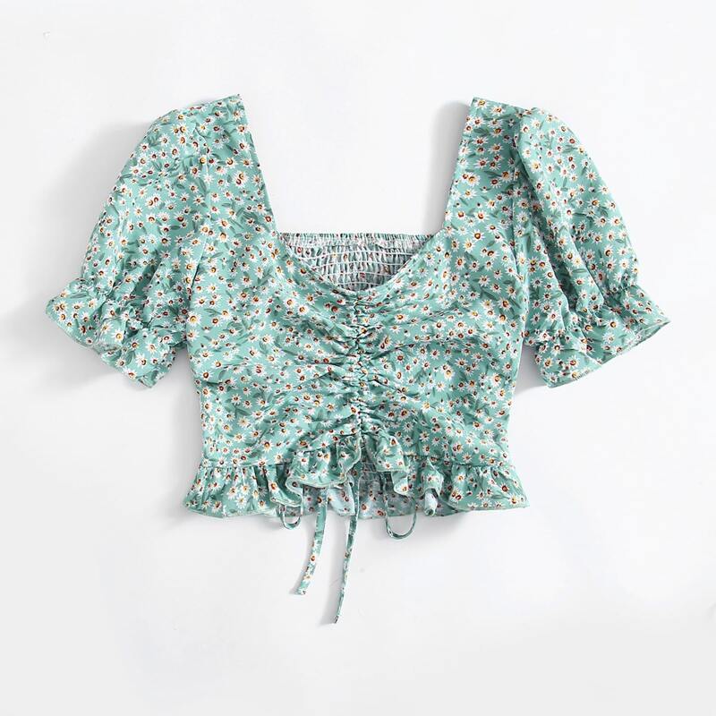 

Ditsy Flower Milkmaid Ruched Crop Top, Multicolor
