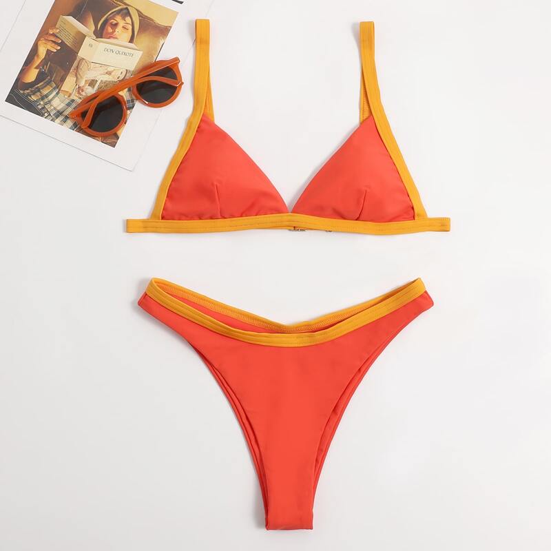 

Contrast Binding High Leg Bikini Swimsuit, Orange