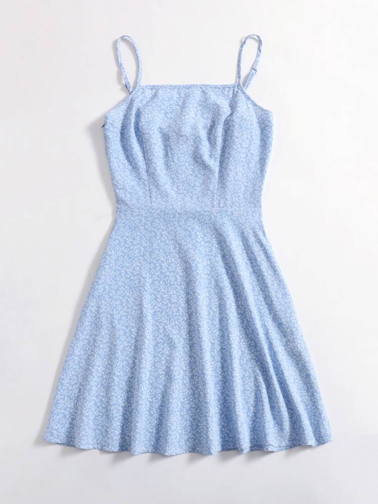 Soleia 满版植物喇叭下摆连衣裙，女士柔和色调连衣裙 - 淺藍色 - 查看 4