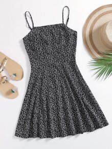 Soleia Allover Plants Flared Hem Dress - Black - View 1