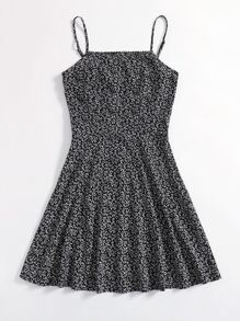 Soleia Allover Plants Flared Hem Dress - Black - View 3