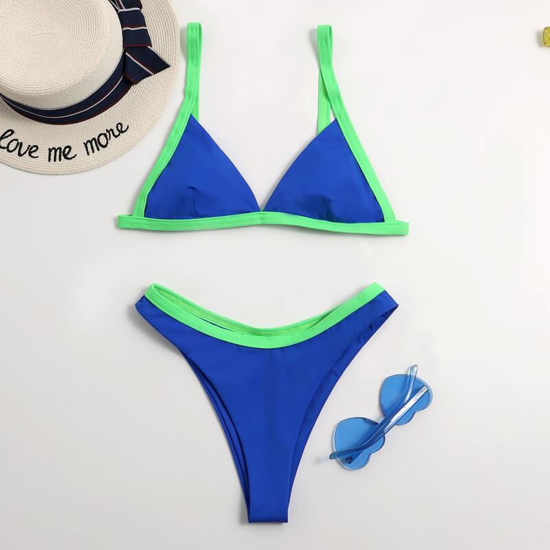 

Contrast Binding High Leg Bikini Swimsuit, Blue