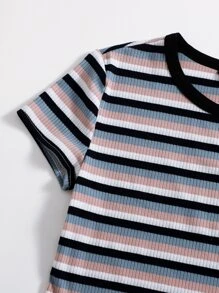 SHEIN EZwear Contrast Neck Striped Top - Multicolor - View 3