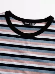 SHEIN EZwear Contrast Neck Striped Top - Multicolor - View 4