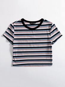 SHEIN EZwear Contrast Neck Striped Top - Multicolor - View 5