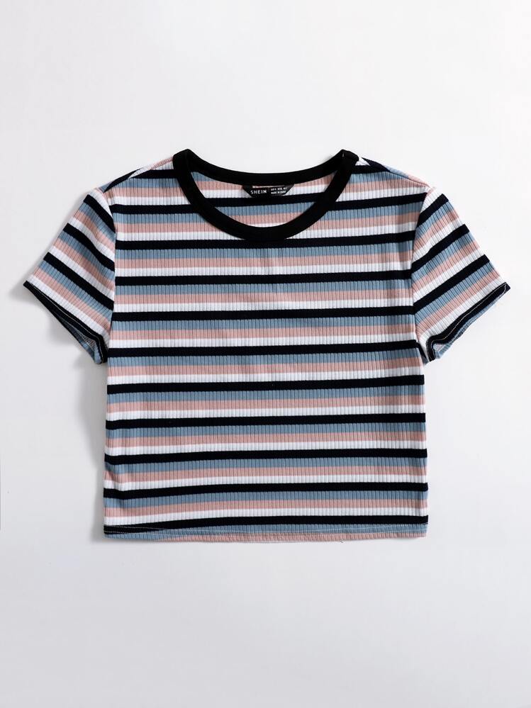 SHEIN EZwear Contrast Neck Striped Top - Multicolor - View 5