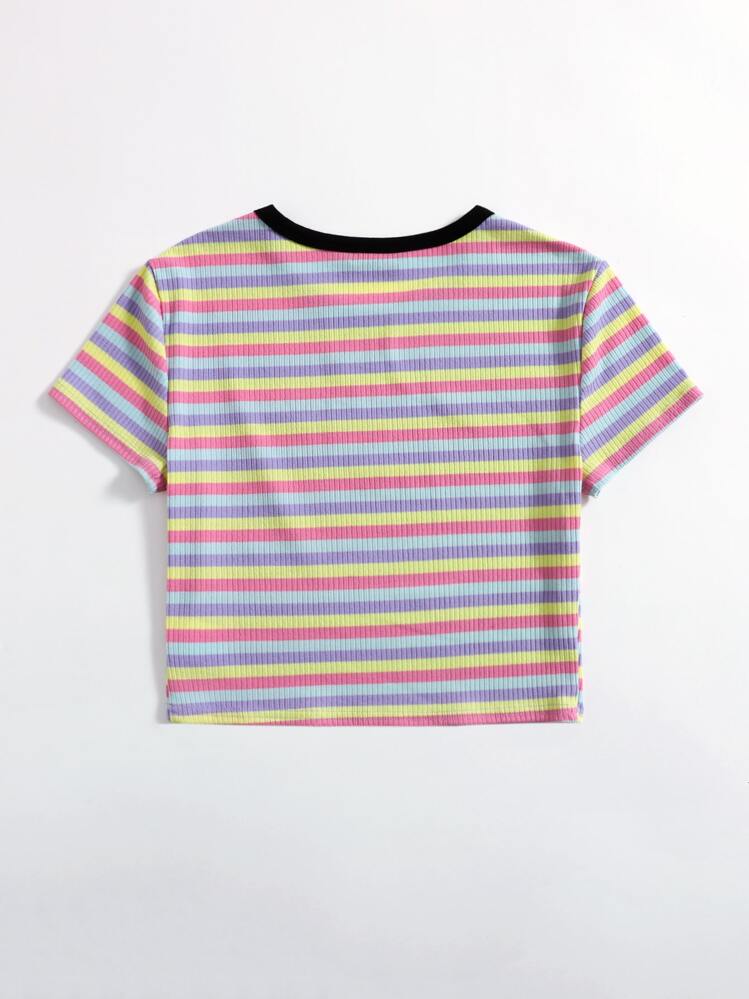 SHEIN EZwear Contrast Neck Rainbow Striped Top - Multicolor - View 2