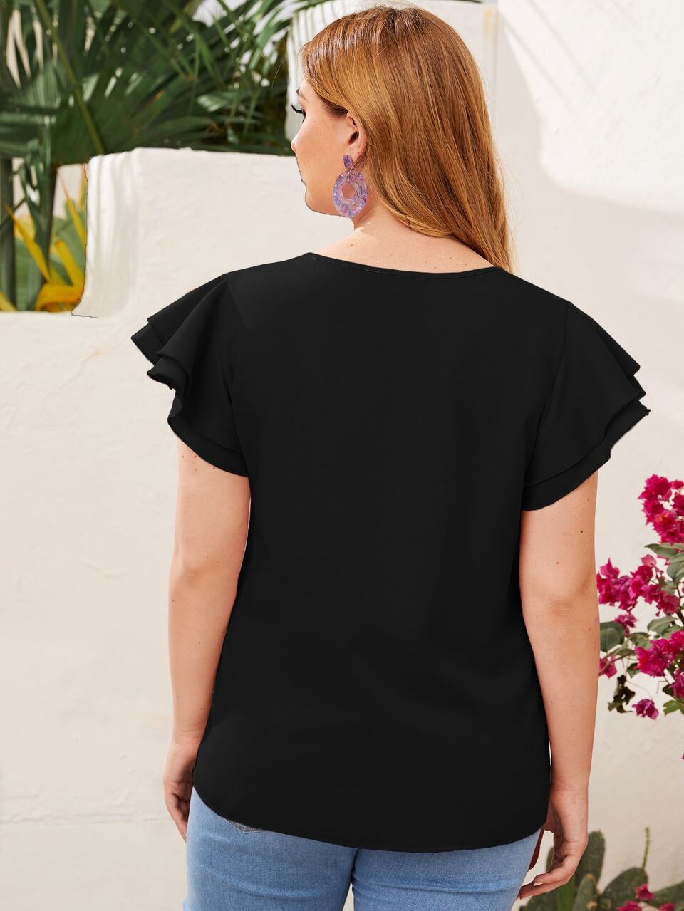 Plus Keyhole Neck Layered Flutter Sleeve Top