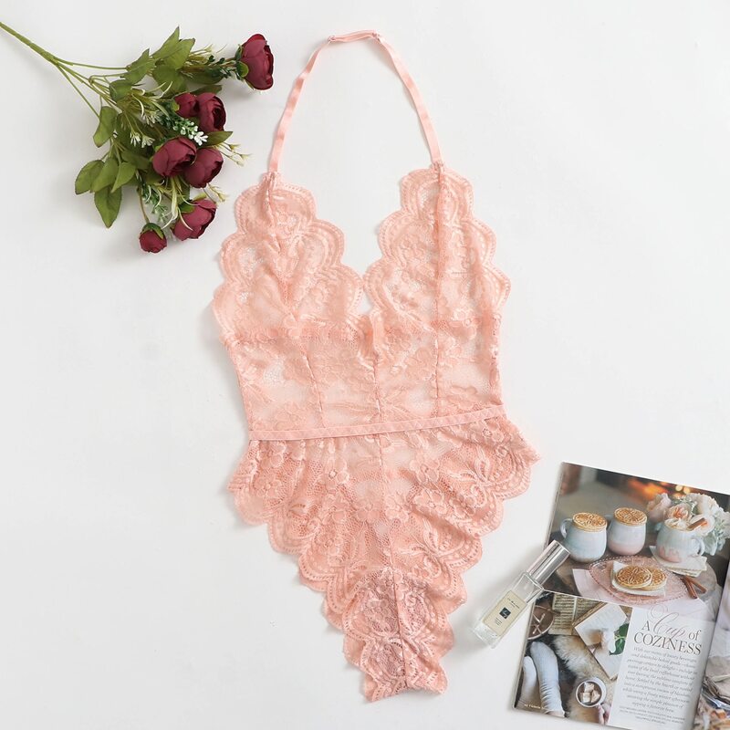

Lace Scallop Teddy Bodysuit, Coral pink
