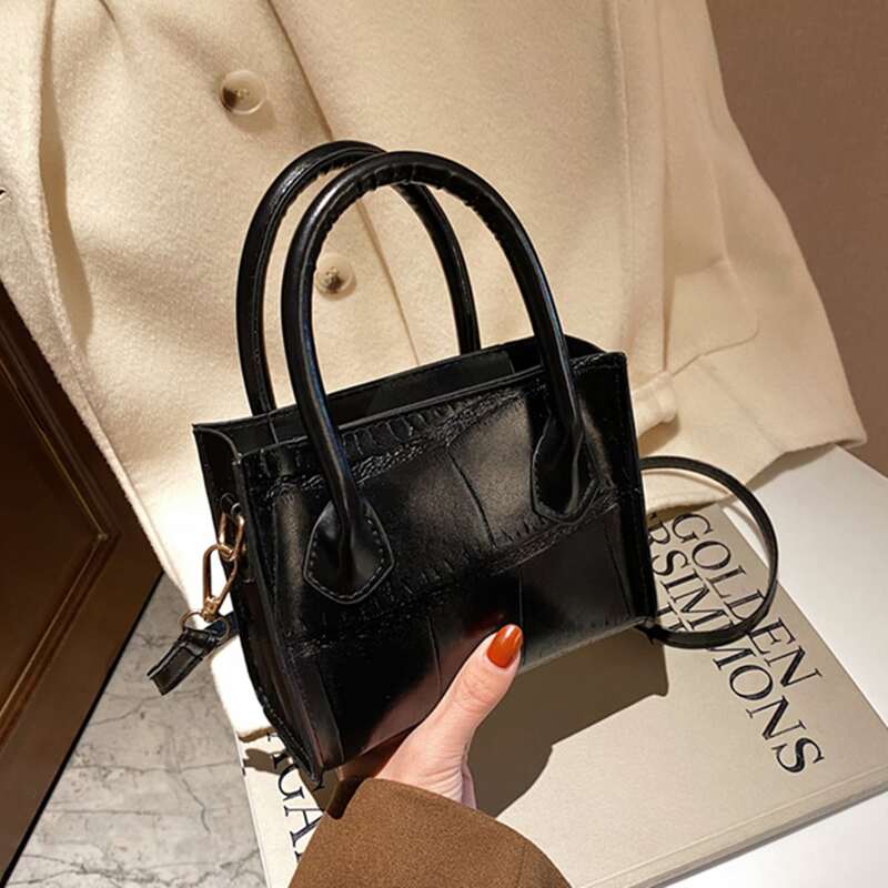 

Croc Embossed Satchel Bag, Black