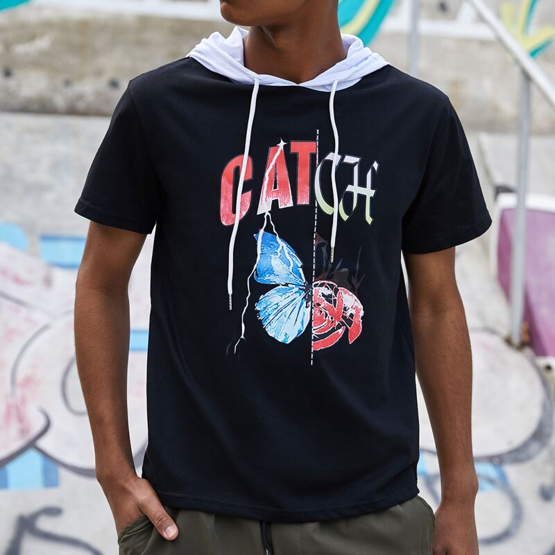 

Guys Letter Butterfly Graphic Colorblock Hooded Tee, Black