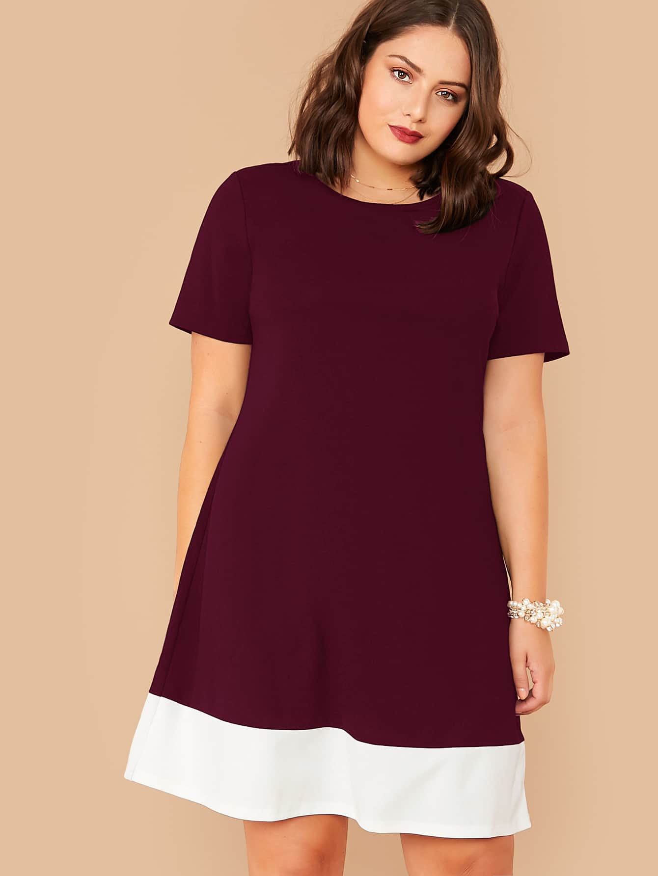 SHEIN LUNE Plus Contrast Hem Flowy Dress - Maroon - View 1