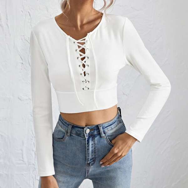

Lace Up Front Rib-knit Solid Crop Tee, White