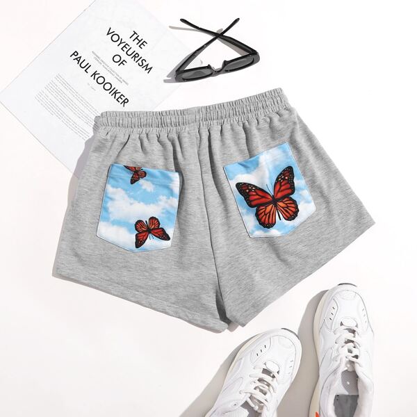 

Butterfly Print Pocket Patched Drawstring Waist Shorts, Light grey