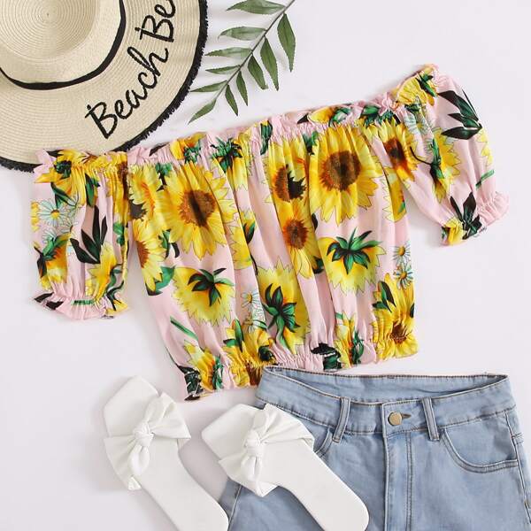 

Sunflower Print Frill Trim Bardot Blouse, Pink