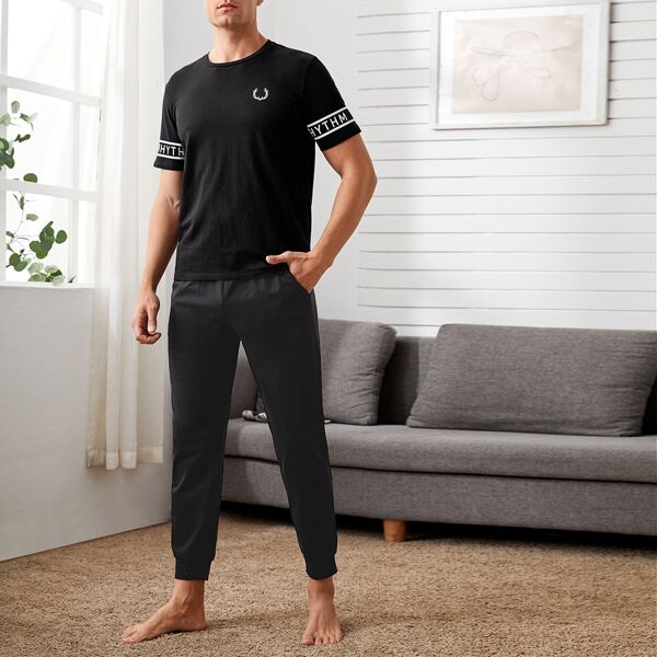 

Men Letter and Graphic Top & Pants PJ Set, Black