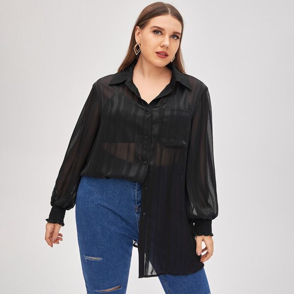 

Plus Collared Pocket Front Semi Sheer Blouse Without Camisole, Black