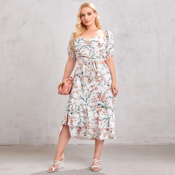 

Plus Allover Floral Milkmaid Top & Layered Hem Skirt, White