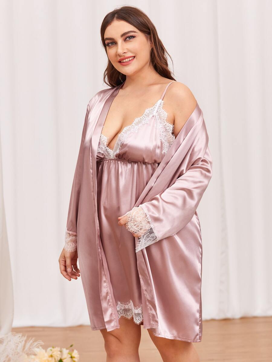 Set de 2 piezas de talla grande con vestido de satén con paneles de encaje y bata con cinturón - Rosa Pálido - Ver 1