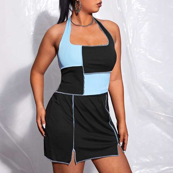 

Plus Colorblock Halter Top With Skirt, Black