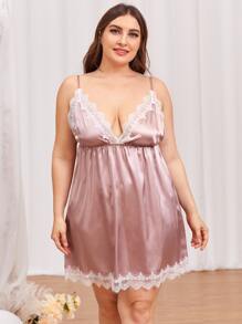 Set de 2 piezas de talla grande con vestido de satén con paneles de encaje y bata con cinturón - Rosa Pálido - Ver 3