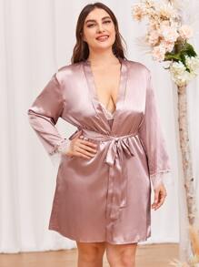 Set de 2 piezas de talla grande con vestido de satén con paneles de encaje y bata con cinturón - Rosa Pálido - Ver 5