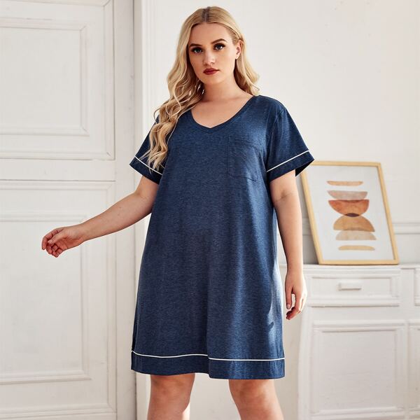 

Plus Contrast Binding V-neck Pocket Front Nightdress, Navy blue