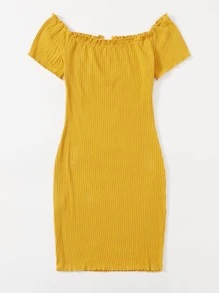 SHEIN Privé Plus V-bar Off Shoulder Lettuce Edge Dress - Yellow - View 2