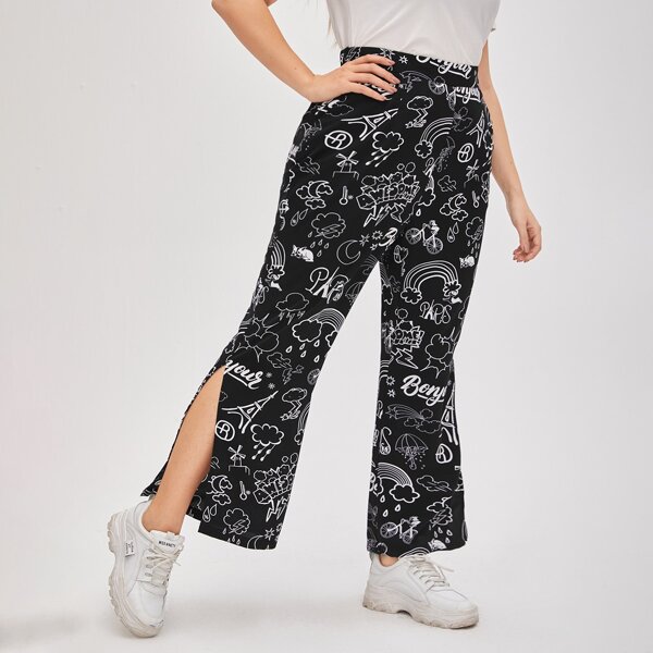

Plus Split Hem Mixed Print Pants, Black