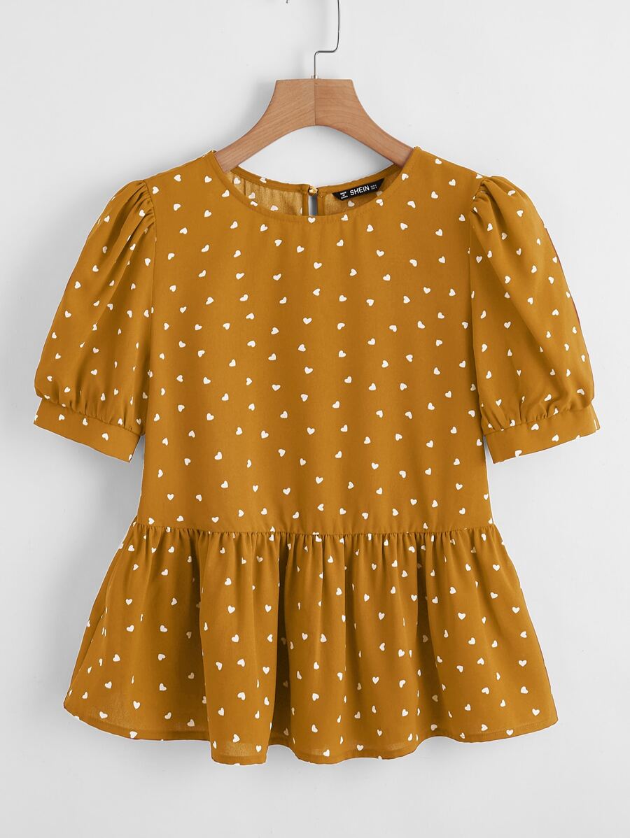 SHEIN VCAY Heart Print Puff Sleeve Peplum Top - Mustard Yellow - View 1