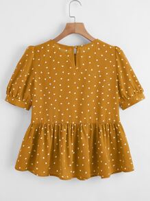 SHEIN VCAY Heart Print Puff Sleeve Peplum Top - Mustard Yellow - View 2