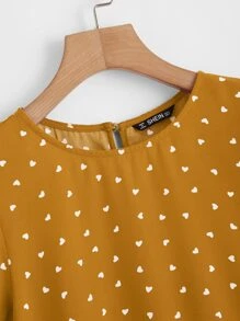 SHEIN VCAY Heart Print Puff Sleeve Peplum Top - Mustard Yellow - View 4