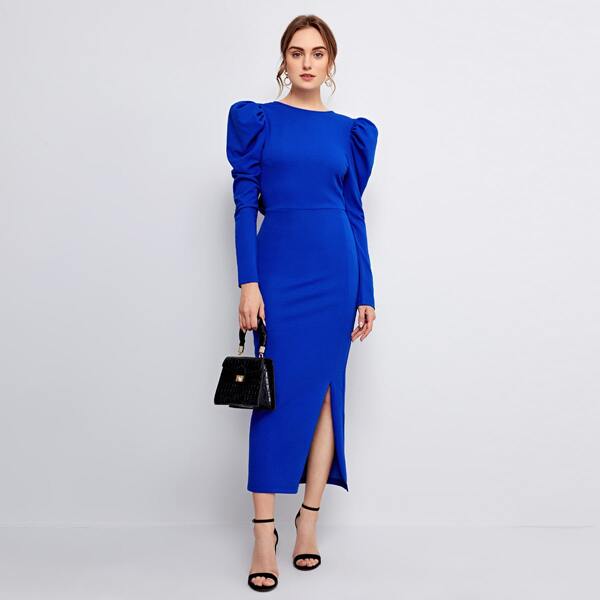 

Tie Open Back Gigot Sleeve Split Hem Dress, Royal blue