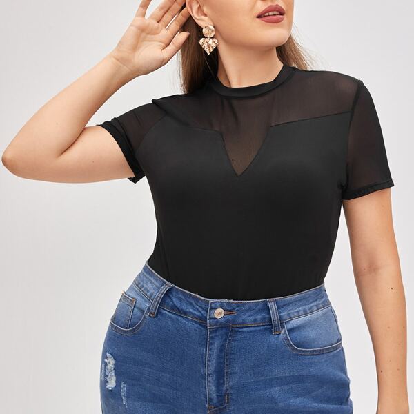 

Plus Mock-Neck Mesh Yoke Top, Black