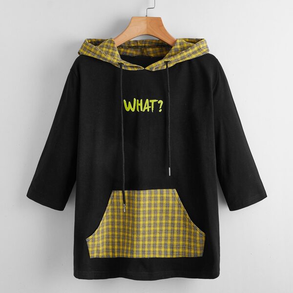 

Tartan Kangaroo Pocket Drawstring Hooded Tee, Black