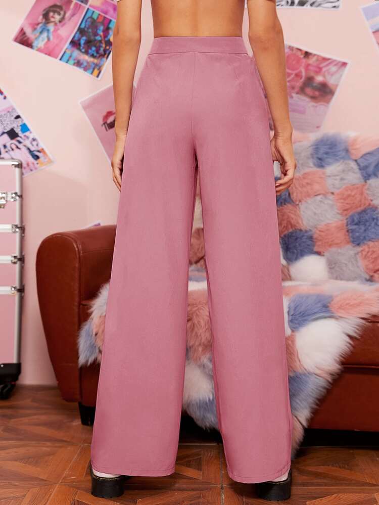 SHEIN EZwear Zipper Fly Fold Pleated Palazzo Pants - Dusty Pink - View 2