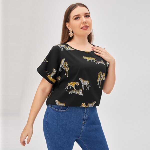 

Plus Leopard and Tiger Print Top, Black