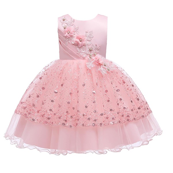 

Girls Floral Embroidery Tie Back Gown Dress, Baby pink