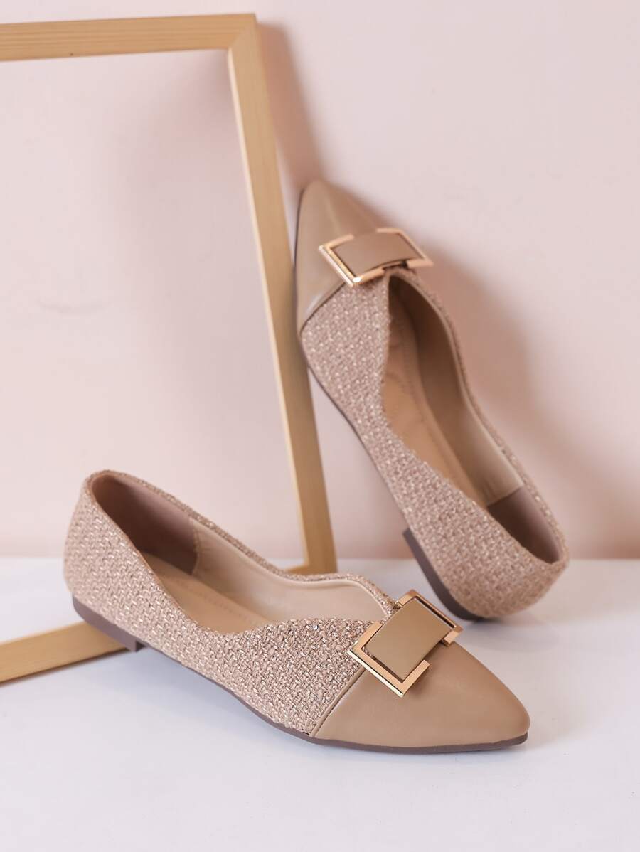 Planos De Mujer Decorados Con Panel De Metal De Pu, Zapatos Planos Y Puntiagudos Con Suela Antideslizante Y Suave, Adecuados Para Mujeres Embarazadas, Con Colorido De Empalme Y Un Diseño Deslizante De Un Solo Paso. - Caqui - Ver 1