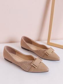 Planos De Mujer Decorados Con Panel De Metal De Pu, Zapatos Planos Y Puntiagudos Con Suela Antideslizante Y Suave, Adecuados Para Mujeres Embarazadas, Con Colorido De Empalme Y Un Diseño Deslizante De Un Solo Paso. - Caqui - Ver 2