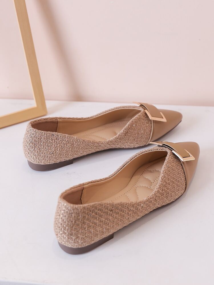 Metal Decor PU Panel Flats, Flat And Pointed-Toe Shoes With Slip-Resistant And Soft Soles, Suitable For Pregnant Women, Featuring Colorful Splicing And Slip-On Design. - Khaki - View 3