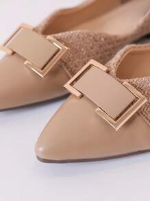 Planos De Mujer Decorados Con Panel De Metal De Pu, Zapatos Planos Y Puntiagudos Con Suela Antideslizante Y Suave, Adecuados Para Mujeres Embarazadas, Con Colorido De Empalme Y Un Diseño Deslizante De Un Solo Paso. - Caqui - Ver 4