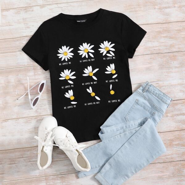 

Letter & Floral Print Short Sleeve Tee, Black