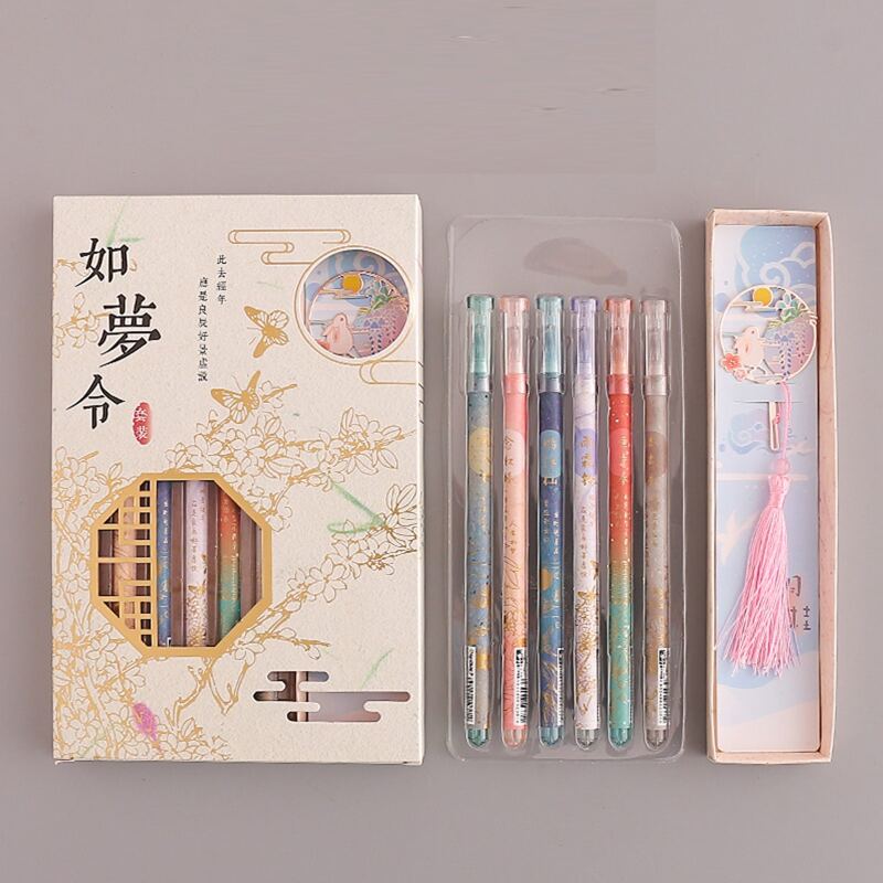 

6pcs Chinese Style Gel Pen & 1pc Bookmark, Multicolor