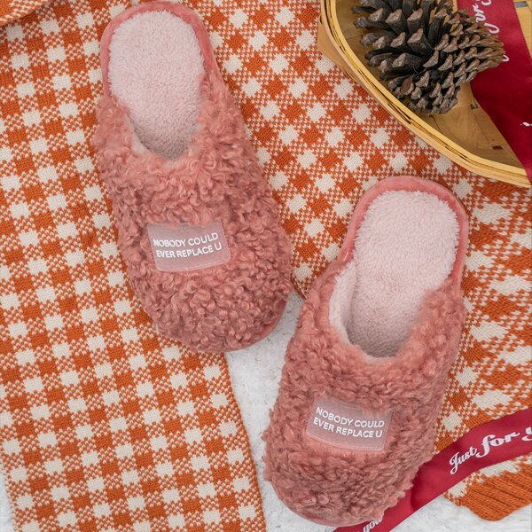 

Letter Patch Fluffy Slippers, Dusty pink