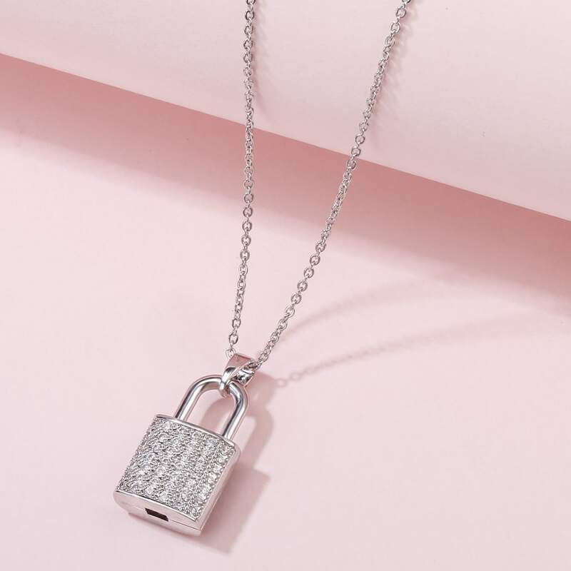 

Rhinestone Decor Lock Pendant Necklace, Silver