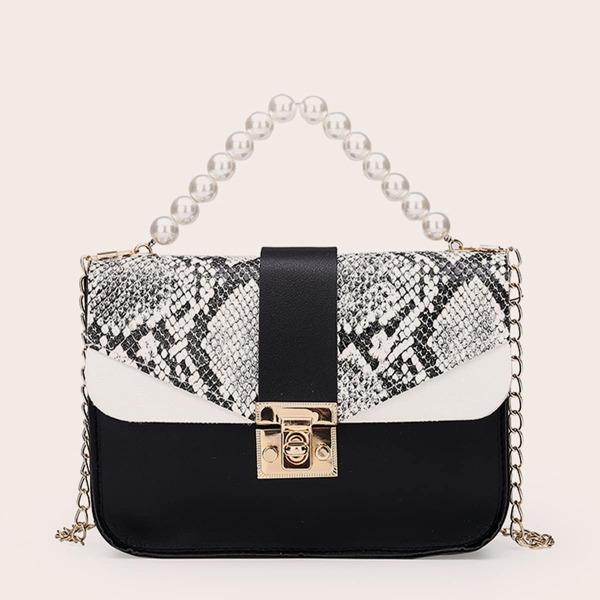 

Faux Pearl Handle Satchel Bag, Black